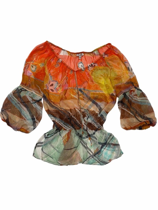 Cache Tops - Y2K Caché Silk Balloon Sleeve Top Beads 90s 2000s Boho Colorful Sz M